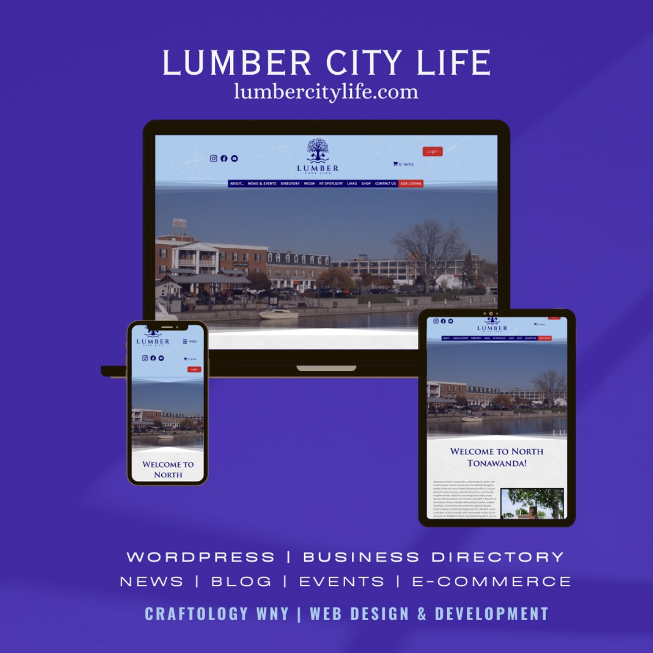 lumber city life website mockup on tablet, mobile and desktop.
