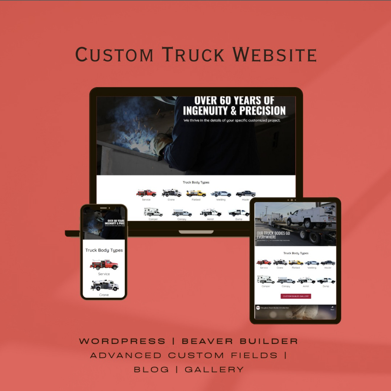 Custom Website showing mobile, desktop and tablet view.